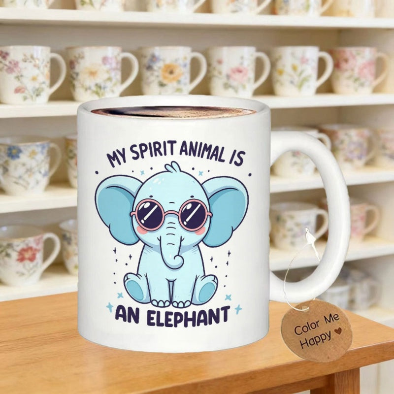 Tailorly White Ceramic 11 oz Mug - My Spirit Animal Is An Elephant Adorable Cartoon Character Wearing Purple Sunglasses Sitting Calmly Elephant
