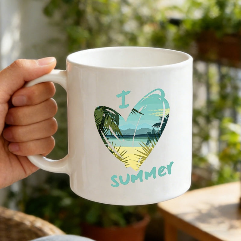 Tailorly White Ceramic 11 oz Mug - I Summer Tropical Beach Scene Within A Heart Featuring Palm Trees And Ocean Heart