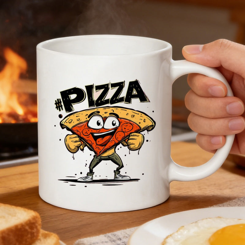 Tailorly White Ceramic 11 oz Mug - Pizza Animated Cartoon Slice Featuring Strong Muscular Arms And Happy Expression Pizza