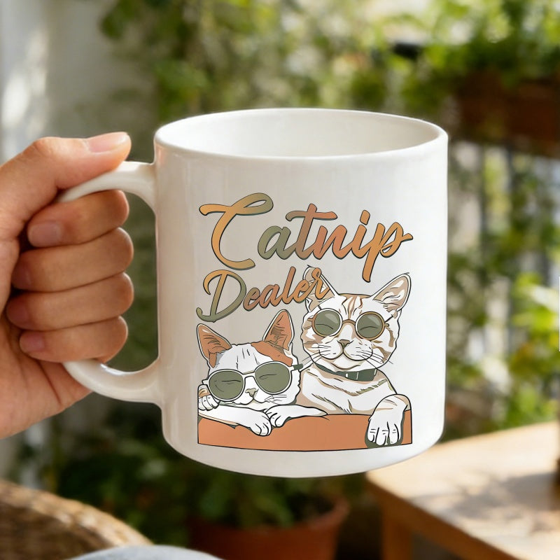 Tailorly White Ceramic 11 oz Mug - Catnip Dealer Two Cool Cats Wearing Sunglasses Leaning Over A Wooden Box Cat
