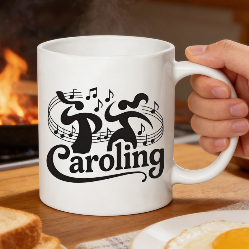 Tailorly White Ceramic 11 oz Mug - Caroling Dancing Musical Figures Among Flowing Staffs And Rhythmic Notes Silhouette