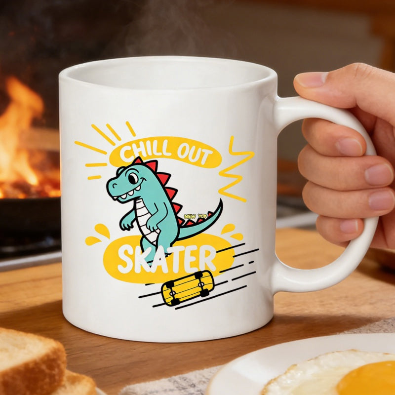 Tailorly White Ceramic 11 oz Mug - Chill Out Skater Cute Cartoon Blue Dinosaur Riding Yellow Skateboard Among Speed Lines Dinosaur