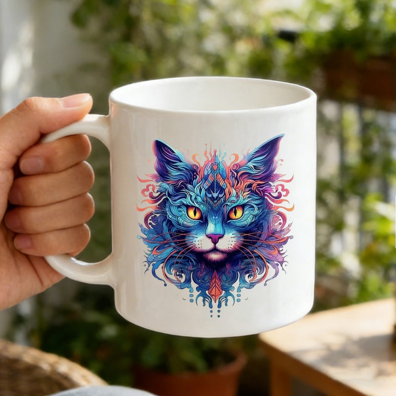 Tailorly White Ceramic 11 oz Mug - Intricate Colorful Galaxy Swirls Enhancing A Majestic Celestial Fantasy Feline Cat