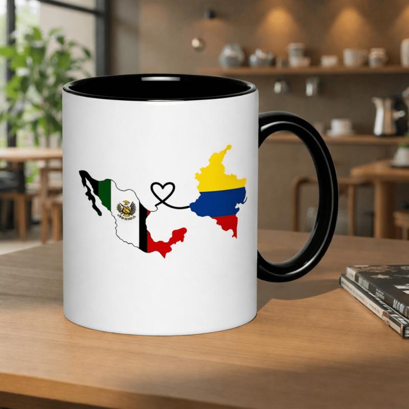Tailorly Black Accent 11 oz Mug - mexico and colombia map flags heart connection