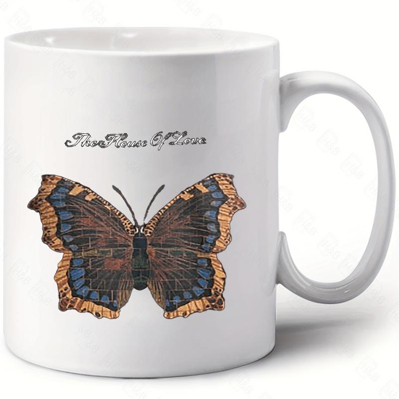 Tailorly White Ceramic 11 oz Mug - Three Hours Of Peace Vintage Brown And Blue Detailed Winged Spreading Graceful Butterfly