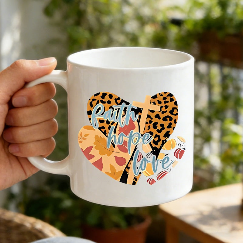 Tailorly White Ceramic 11 oz Mug - Faith Hope Love Patterned Leopard Print And Autumn Leaves Featuring Cross Heart