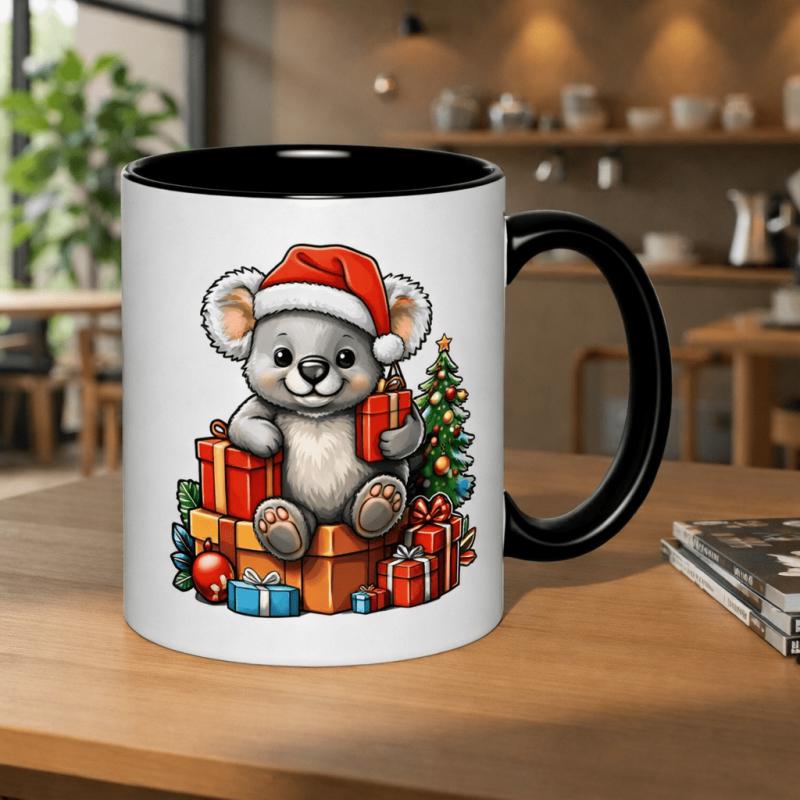 Tailorly Black Accent 11 oz Mug - cute koala wearing santa hat christmas tree presents
