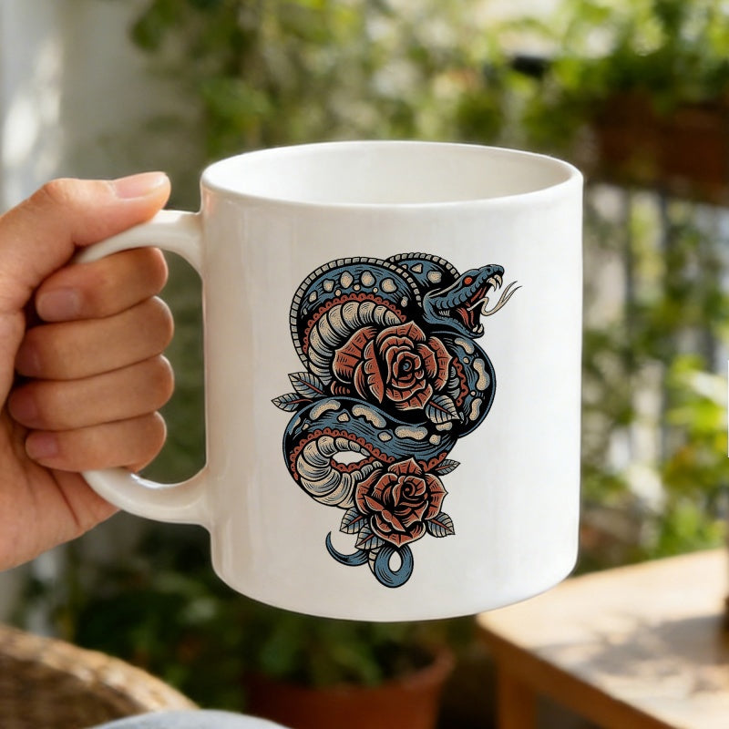 Tailorly White Ceramic 11 oz Mug - Coiled Menacing Reptile Entwined Around Two Beautiful Red Roses Snake