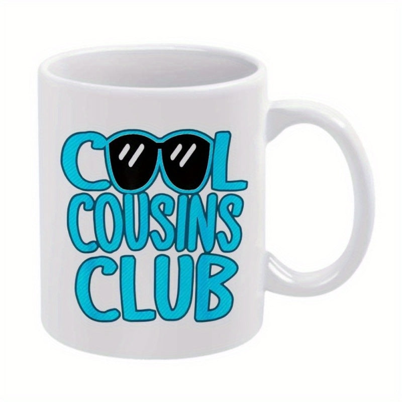 Tailorly White Ceramic 11 oz Mug - Cool Cousins Club Vibrant Blue Typography Integrated With Stylish Dark Summer Fashion Accessories Sunglasses