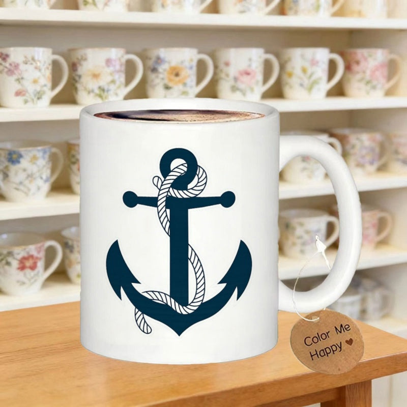 Tailorly White Ceramic 11 oz Mug - Color Me Happy Classic Nautical Dark Blue Marine Style With White Wrapped Rope Anchor