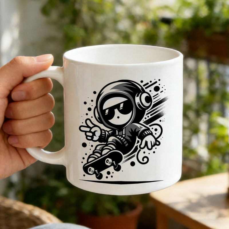 Tailorly White Ceramic 11 oz Mug - Cool Vector Astronaut Character Skating With Speed Lines On A Fast Skateboarder