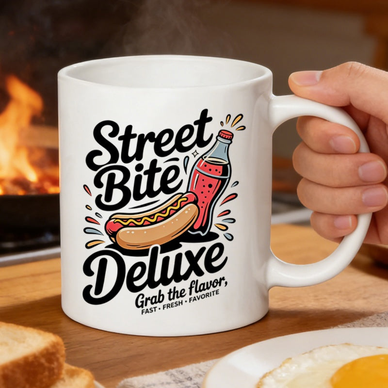 Tailorly White Ceramic 11 oz Mug - Street Bite Deluxe Grab The Flavor Fast Fresh Favorite Delicious Grilled Sausage Bun With Classic Soda Bottle Hot Dog