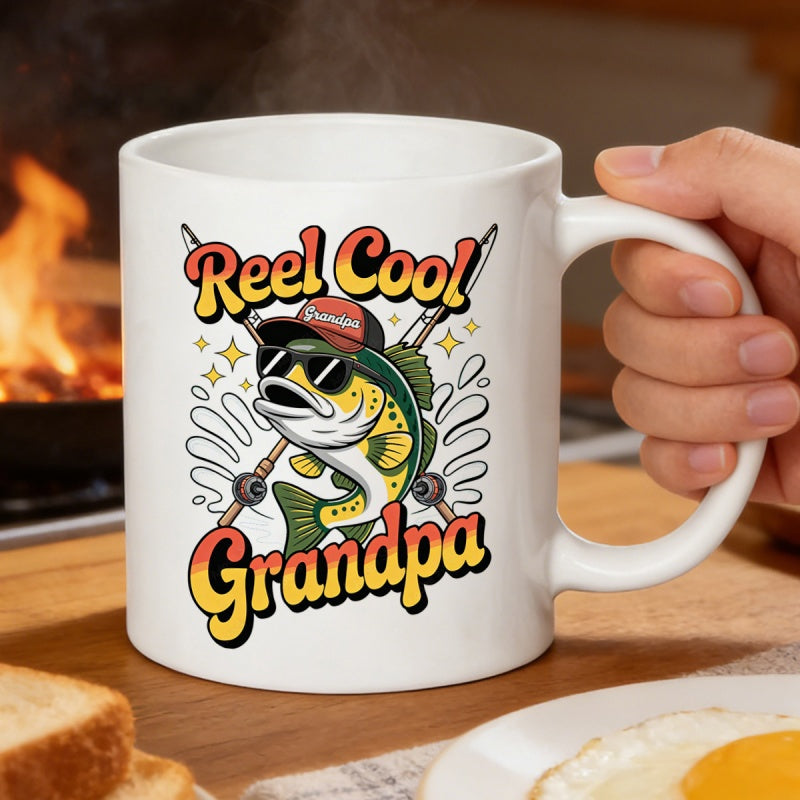 Tailorly White Ceramic 11 oz Mug - Reel Cool Grandpa Cartoon Bass With Sunglasses Among Crossed Fishing Rods And Splashes Fish