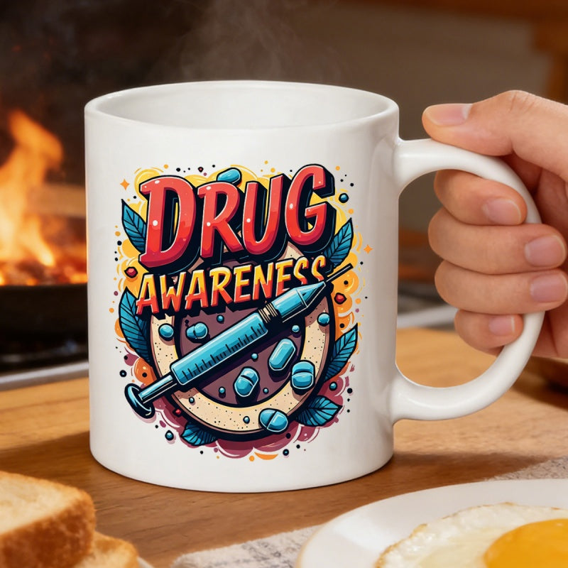 Tailorly White Ceramic 11 oz Mug - Drug Awareness Colorful Illustrative Circle With Cartoon Syringe And Vibrant Blue Pills Illustration