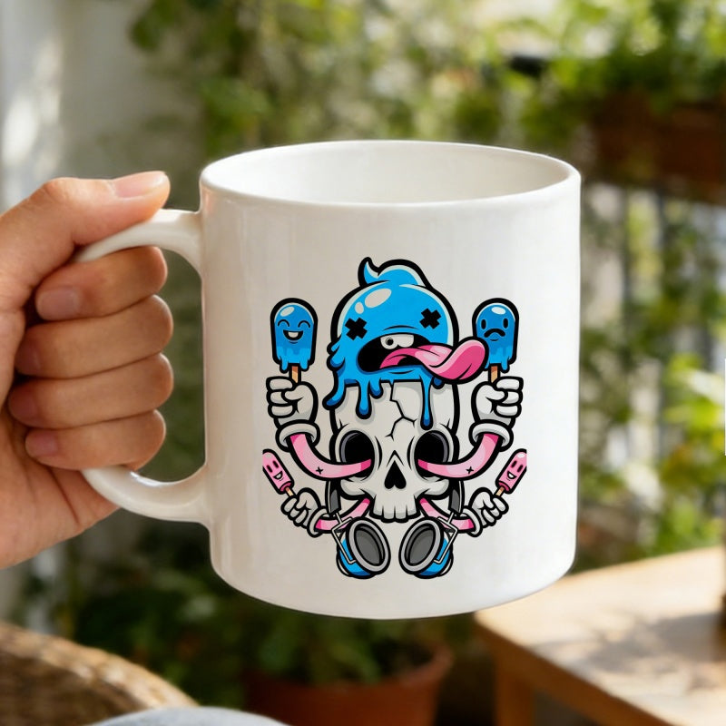 Tailorly White Ceramic 11 oz Mug - Colorful Cartoon Character Melting Over A Detailed White Cracked Skull