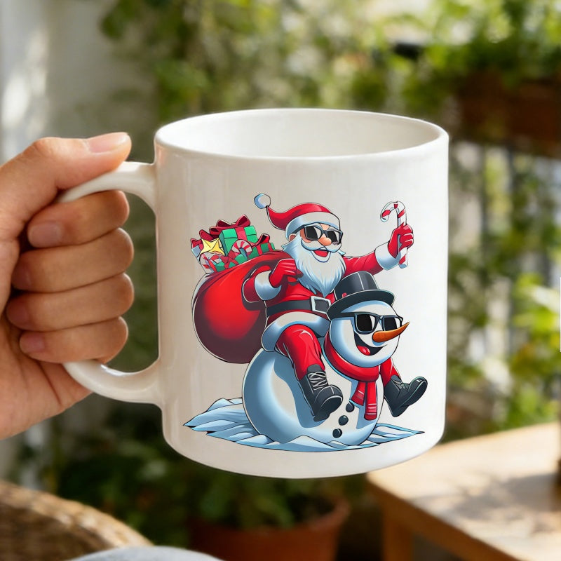 Tailorly White Ceramic 11 oz Mug - Cool Santa Claus With Gift Bag Riding A Smiling Festive Snowman