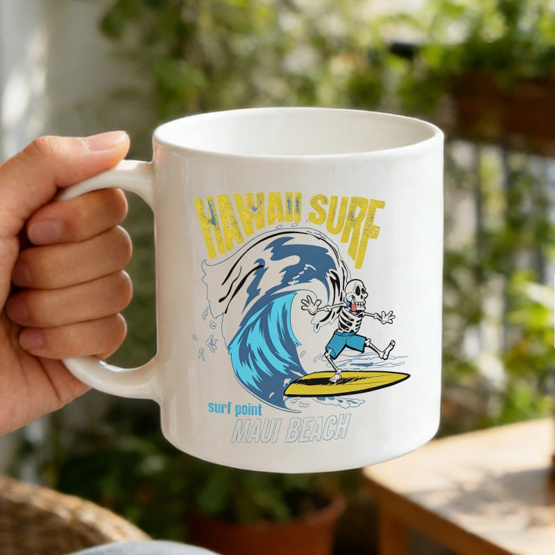 Tailorly White Ceramic 11 oz Mug - Hawaii Surf Maui Beach Cartoon Skeleton Riding A Board Inside A Large Blue Tropical Wave