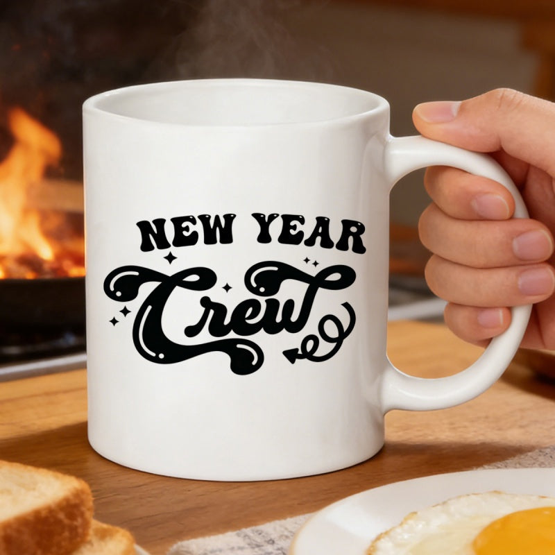 Tailorly White Ceramic 11 oz Mug - New Year Crew Retro Stylized Typography With Decorative Sparkles On Ceramic Mug