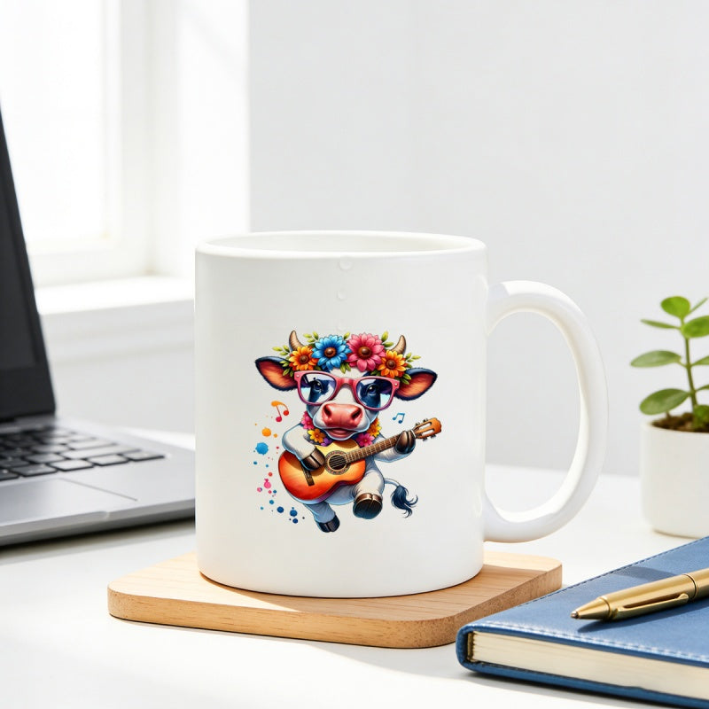 Tailorly White Ceramic 11 oz Mug - Cute Cartoon Wearing Floral Crown And Pink Glasses Playing Guitar Cow