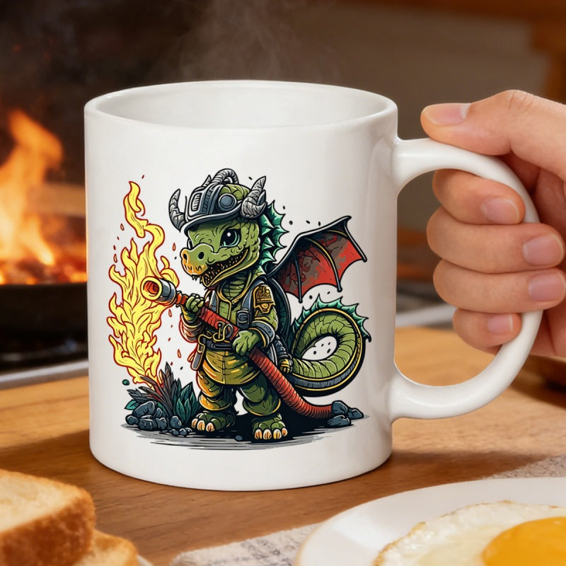 Tailorly White Ceramic 11 oz Mug - Brave Cartoon Green Firefighter Holding A Hose With Bright Orange Flames Dragon