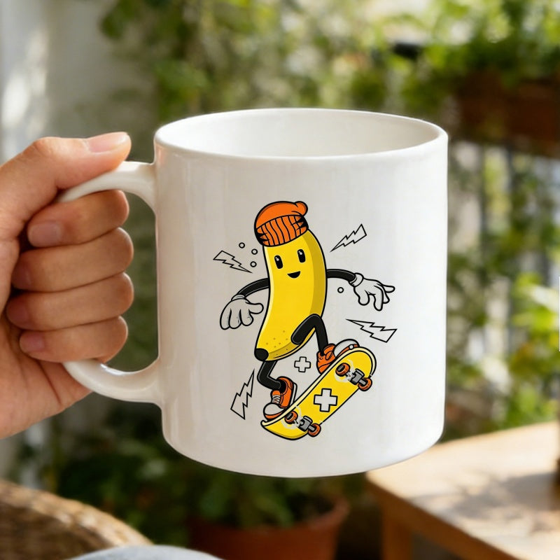 Tailorly White Ceramic 11 oz Mug - Vibrant Cartoon Banana Wearing Beanie Riding A Skateboard With Action Lines Banana
