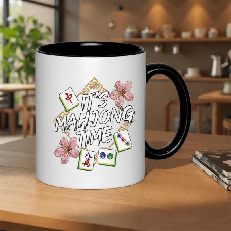 Tailorly Black Accent 11 oz Mug - mahjong tiles with cherry illustrations