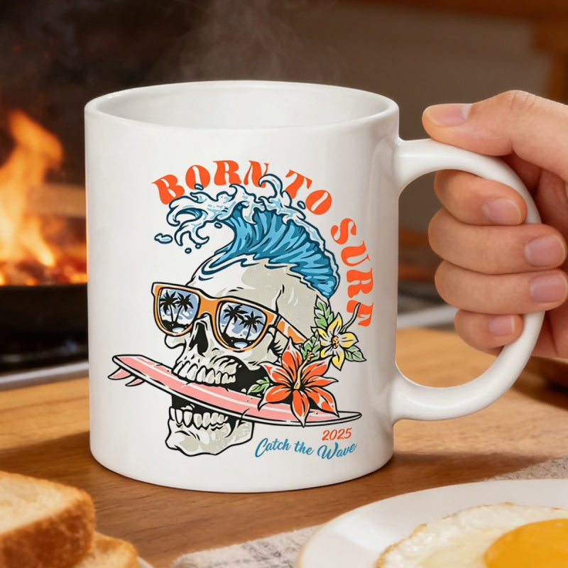 Tailorly White Ceramic 11 oz Mug - Born To Surf Catch The Wave Stylized Blue Wave Hair Sunglasses With Palm Tree Reflections Biting Surfboard Skull