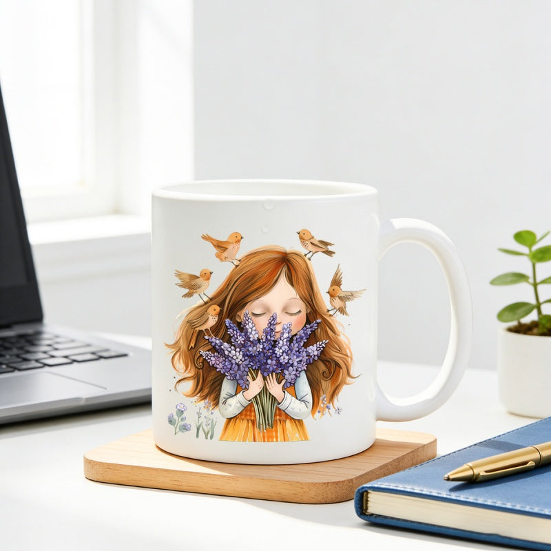 Tailorly White Ceramic 11 oz Mug - Charming Youthful Character Holding Purple Lavender Flowers Surrounded By Small Singing Birds Girl