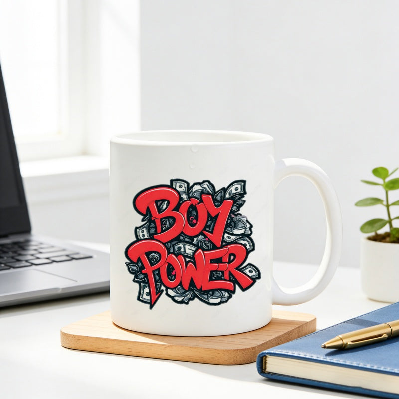 Tailorly White Ceramic 11 oz Mug - Boy Power Vibrant Red Graffiti Text Surrounded By Scattered Stacks Of Paper Money Graffiti