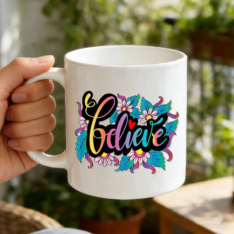 Tailorly White Ceramic 11 oz Mug - Believe Colorful Floral Arrangement With Vibrant Leaves And Artistic Swirls Pattern