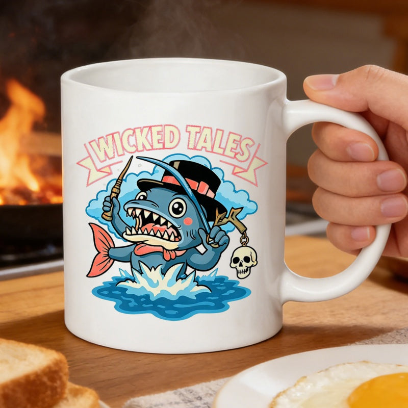 Tailorly White Ceramic 11 oz Mug - Wicked Tales Cartoon Creature Wearing Top Hat Holding Magical Wand And Skull Shark