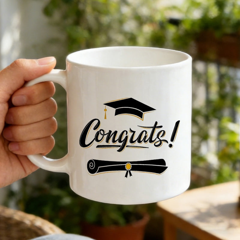 Tailorly White Ceramic 11 oz Mug - Congrats Classic Black Mortarboard And Gold Tassel Featuring A Tied Diploma Cap