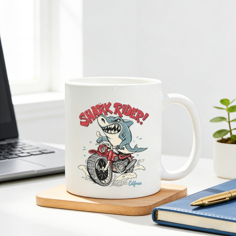 Tailorly White Ceramic 11 oz Mug - Shark Rider California Fierce Cartoon Character Riding A Vintage Red Motorcycle Fast Shark