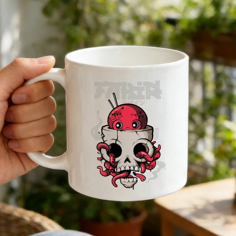 Tailorly White Ceramic 11 oz Mug - Ramen Creepy Red Octopus Creature Emerging From Within A Cracked Artistic Ceramic Skull