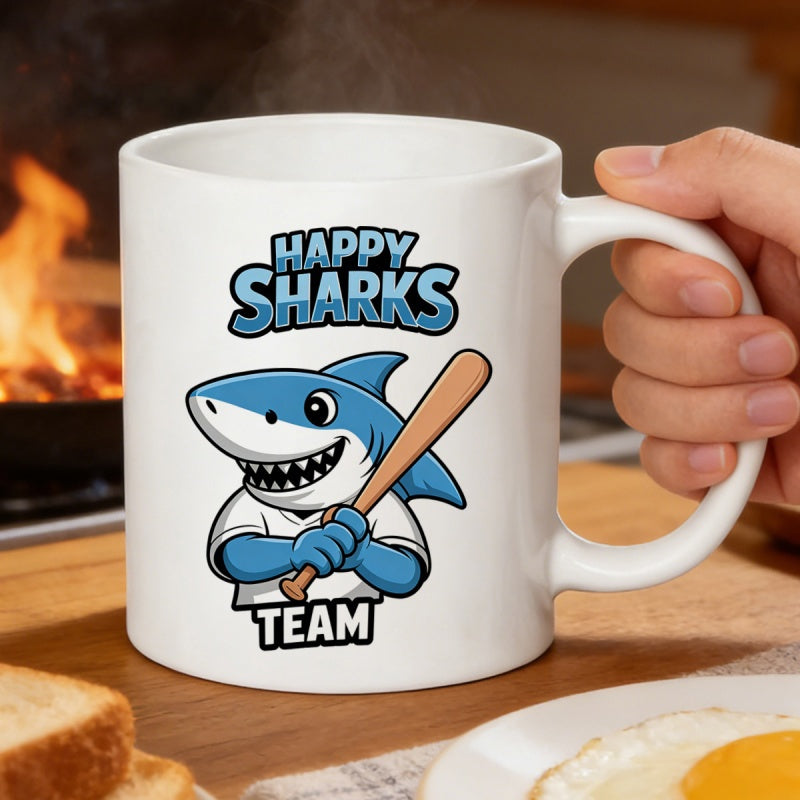 Tailorly White Ceramic 11 oz Mug - Happy Sharks Team Playful Athletic Cartoon Mascot Wearing A White Baseball Jersey Shark