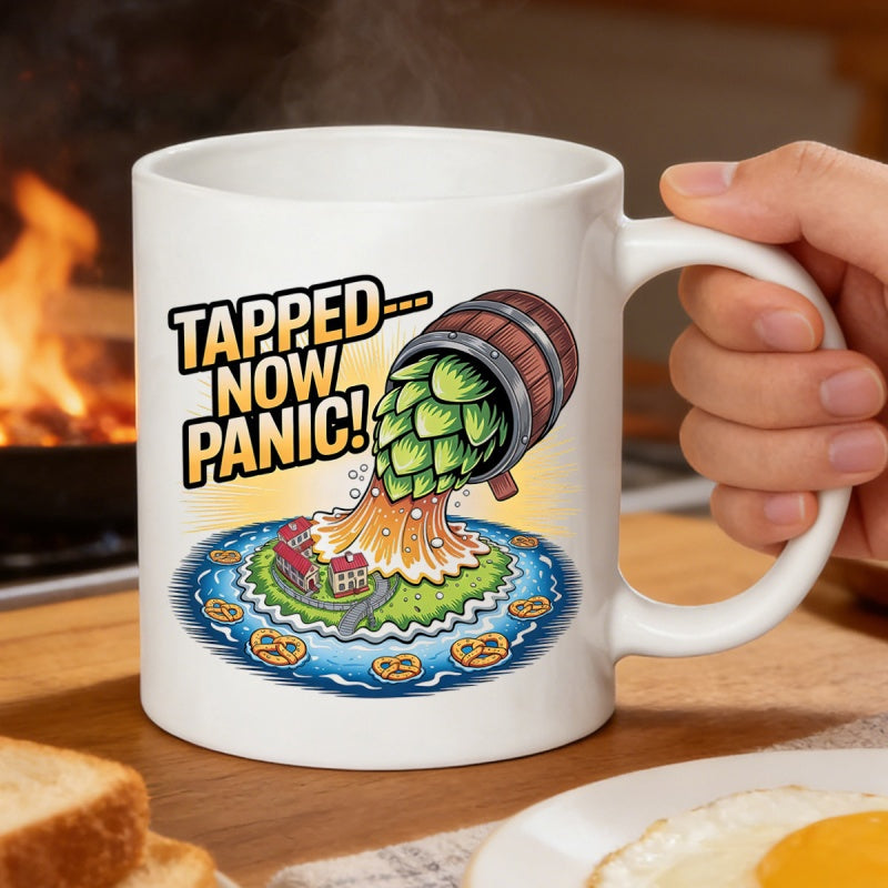 Tailorly White Ceramic 11 oz Mug - Tapped Out Now Panic Cartoon Beer Keg Pouring Hops Onto Small Island Surrounded By Salty Pretzels Keg