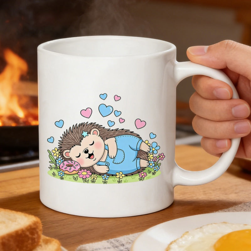 Tailorly White Ceramic 11 oz Mug - Adorable Sleeping Character Wearing Blue Overalls Among Tiny Floating Colorful Hearts Hedgehog