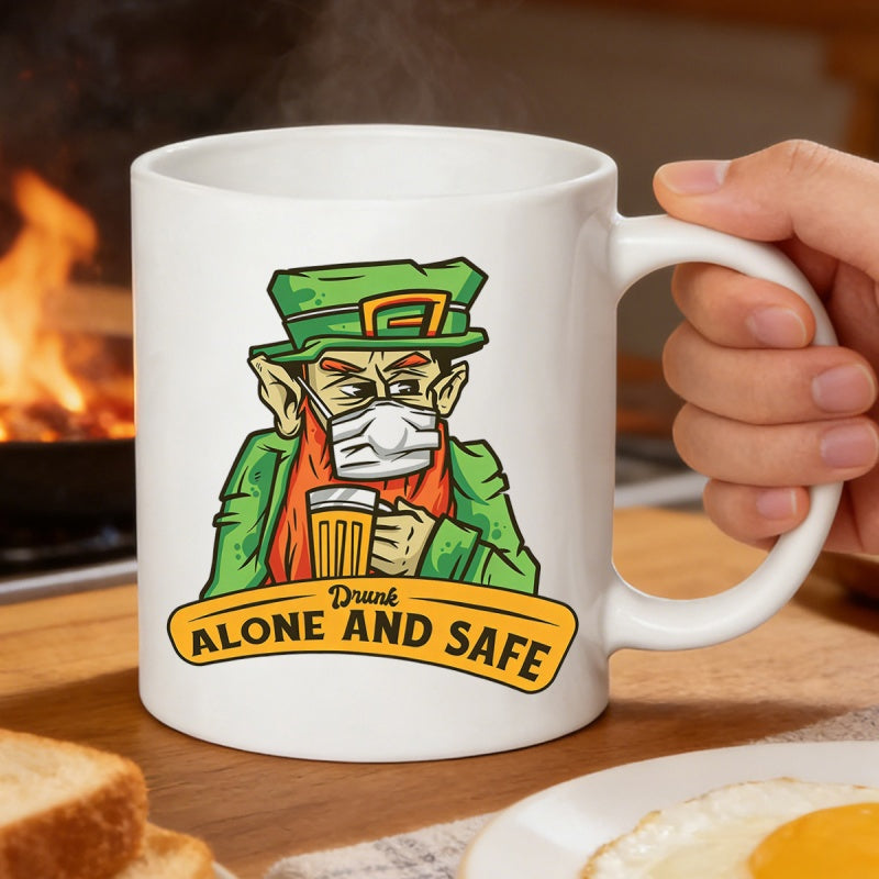 Tailorly White Ceramic 11 oz Mug - Drink Alone And Safe Festive Cartoon Character Wearing Protective Mask Holding Cold Beer Leprechaun