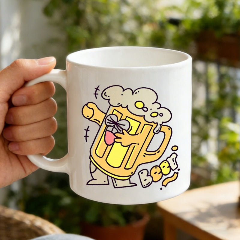 Tailorly White Ceramic 11 oz Mug - Beer Whimsical Cartoon Character Holding Small Gift Under Creamy Foam Beer Mug
