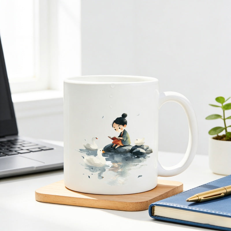Tailorly White Ceramic 11 oz Mug - Gentle Watercolor Art Of A Small Child Reading Books Beside Peaceful Swans Girl