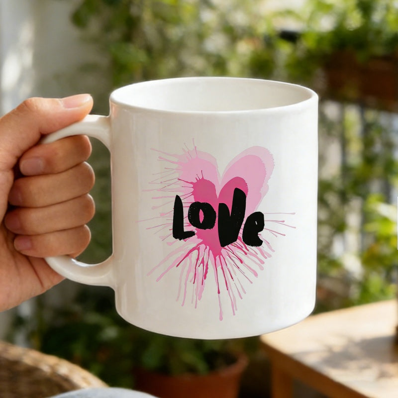 Tailorly White Ceramic 11 oz Mug - Love Pink Watercolor Artistic Paint Splash With Splatter Spray Drips Heart