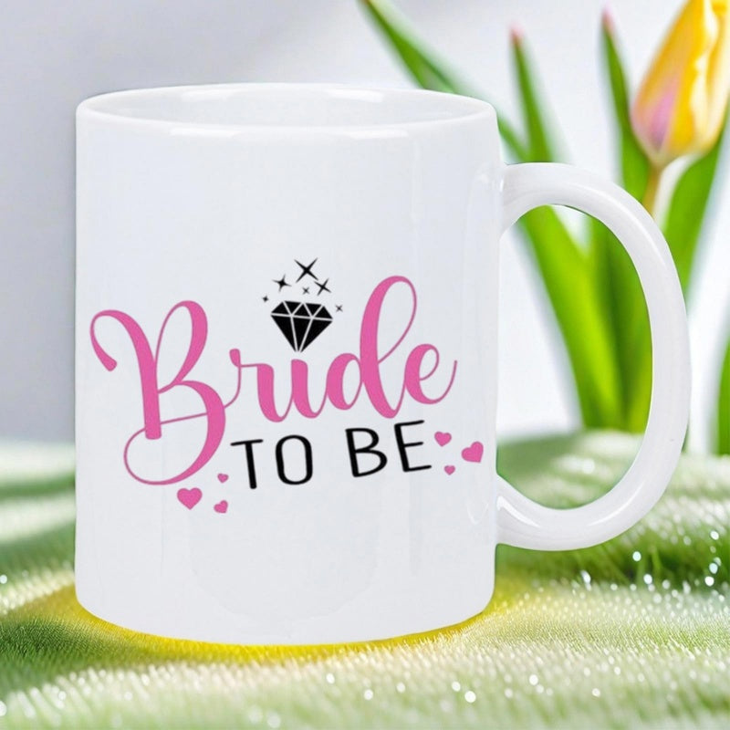 Tailorly White Ceramic 11 oz Mug - Bride To Be Shining Diamond With Twinkling Stars And Small Hearts Surrounding Elegant Calligraphy Diamond