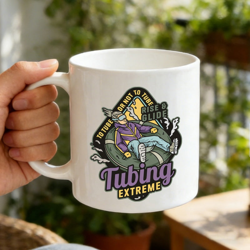 Tailorly White Ceramic 11 oz Mug - To Tube Or Not To Tube Rise Glide Tubing Extreme Action Character Riding In Inflatable Tube With Winged Helmet Style Person