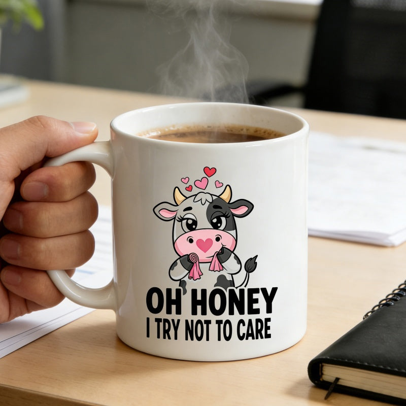 Tailorly White Ceramic 11 oz Mug - Oh Honey I Try Not To Care Adorable Cartoon Farm Animal With Small Pink Hearts And Scarf Cow