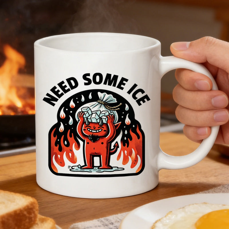 Tailorly White Ceramic 11 oz Mug - Need Some Ice Cartoon Red Devil Holding A Bag Of Ice Within Orange Flames Devil