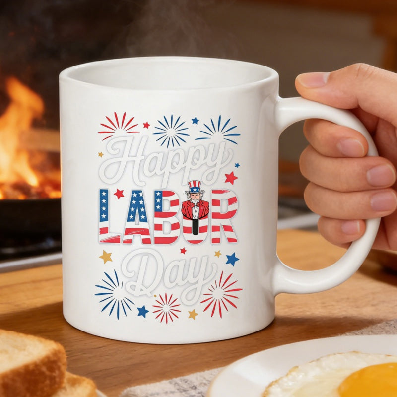 Tailorly White Ceramic 11 oz Mug - Happy Labor Day Patriotic American Flag Pattern With Stars And Fireworks Surrounding Classic Uncle Sam