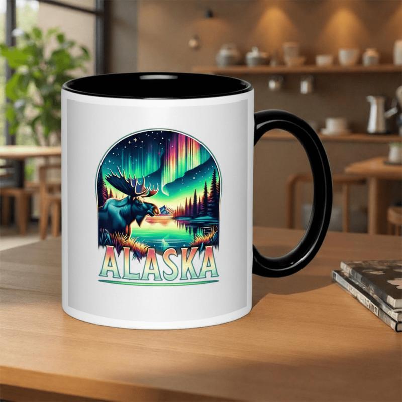 Tailorly Black Accent 11 oz Mug - moose and northern lights