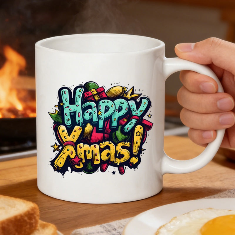 Tailorly White Ceramic 11 oz Mug - Happy Xmas Vibrant Festive Graffiti Style With Celebration Gifts And Stars Mug