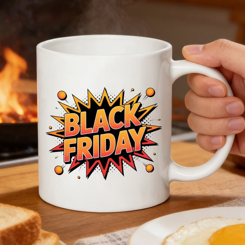 Tailorly White Ceramic 11 oz Mug - Black Friday Vibrant Pop Art Comic Style Explosion Graphic With Decorative Dots Mug