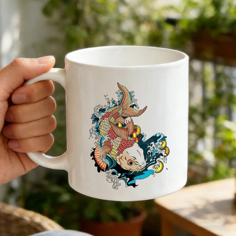 Tailorly White Ceramic 11 oz Mug - Majestic Traditional Japanese Style Jumping Amidst Vibrant Blue Swirling Waves Koi